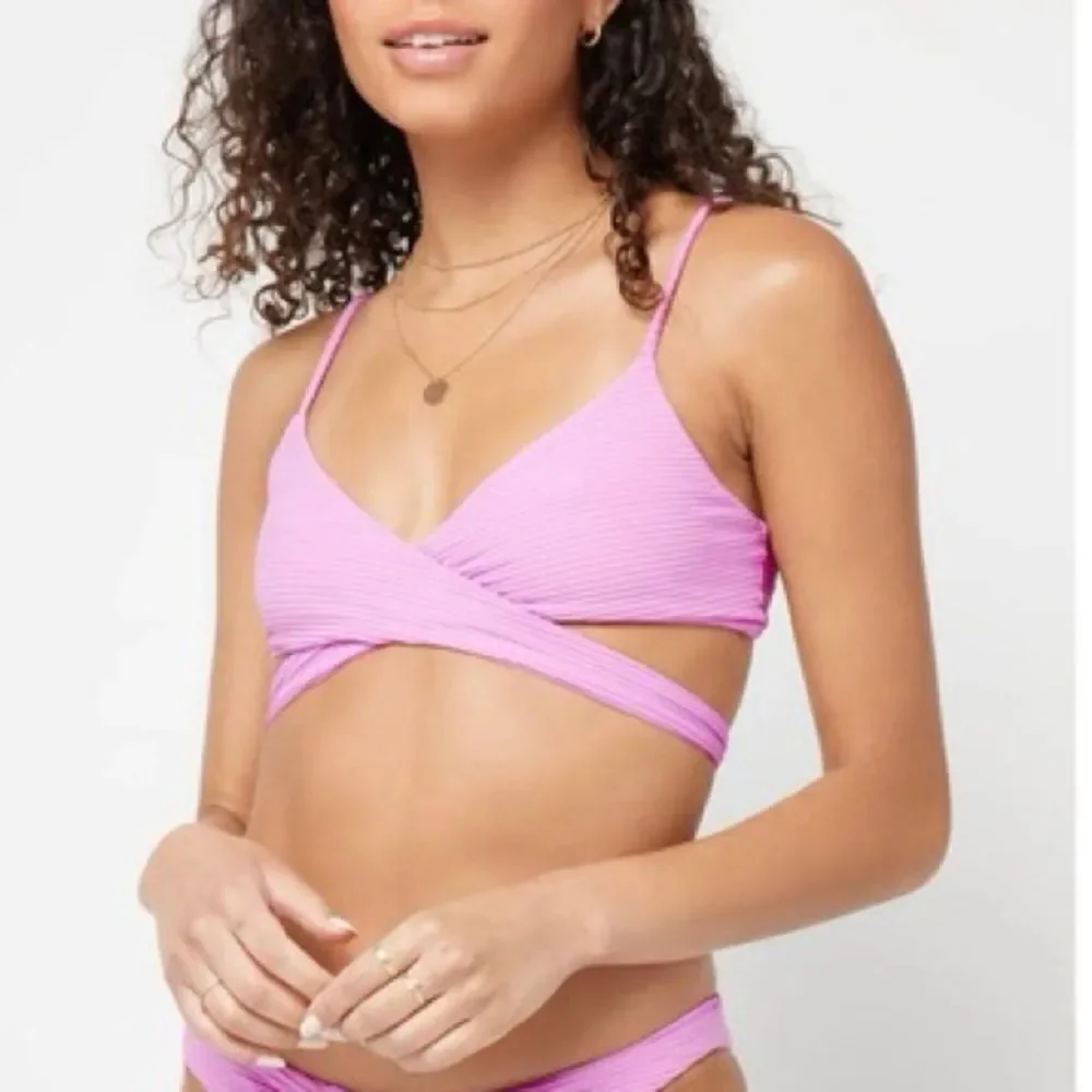 L*SPACE Chloe Ribbed Bikini Top Medium Tie Waist Adjustable Rosebud Purple Pink
